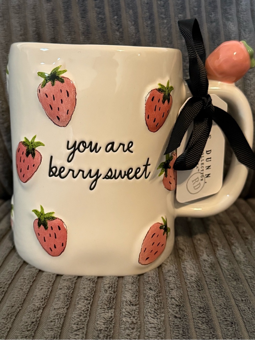 Rae Dunn White Ceramic Mug with 3D Pink Strawberry Motif- YOU ARE BERRY SWEET